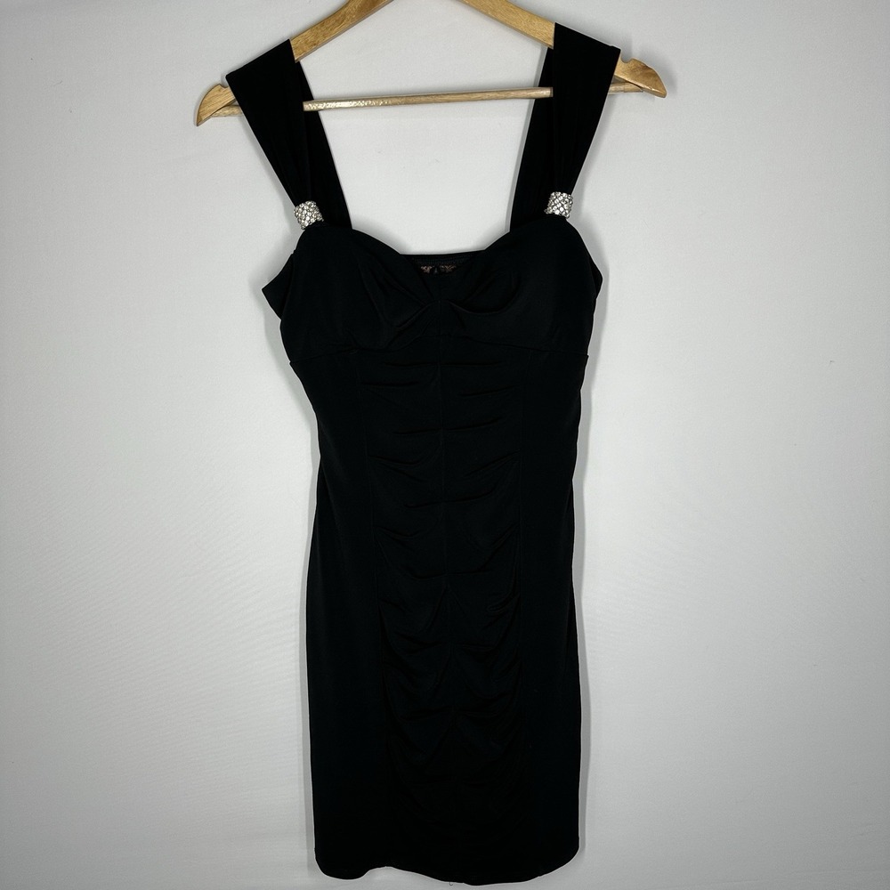 Little black ruched bodycon cocktail dress embellished straps small Love Tease